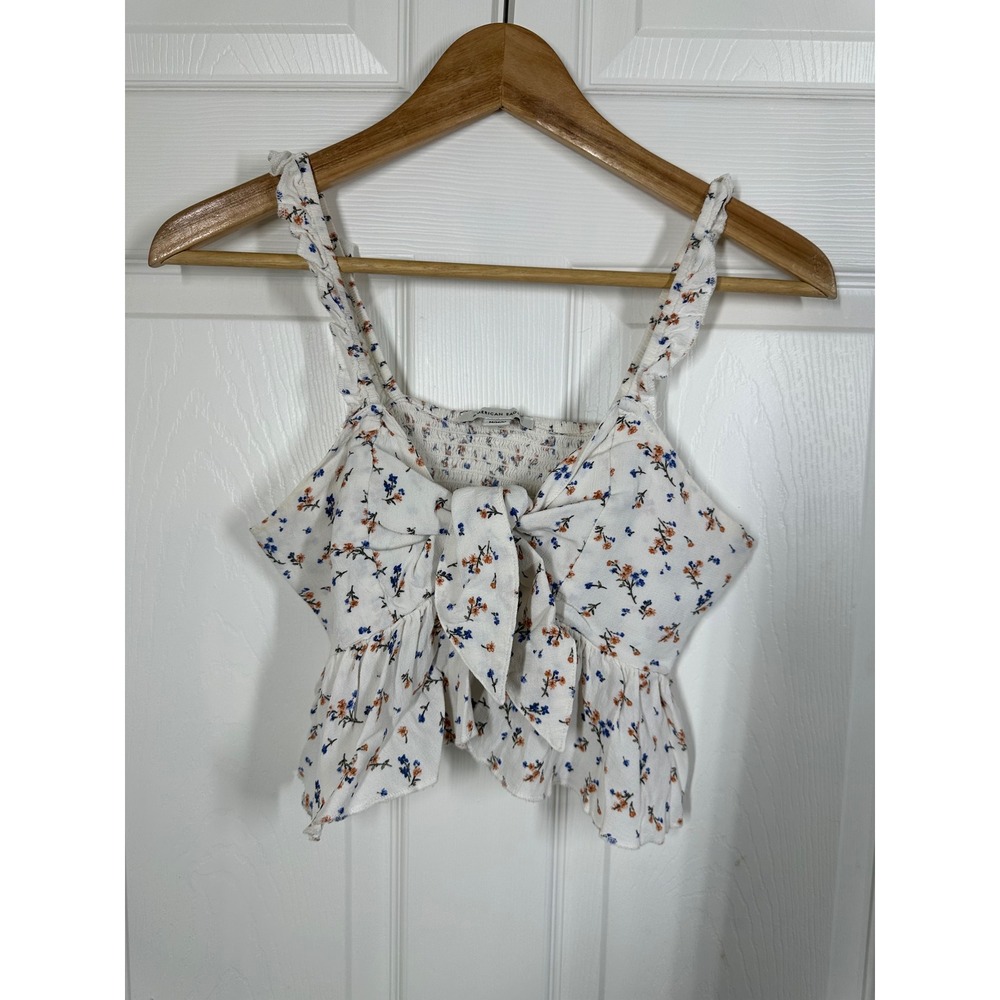 American Eagle Cami Top Womens M White Floral Tie Front Smocked Peplum Ruffle